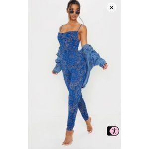Blue Bandana Print Cowl Neck Mesh Jumpsuit
